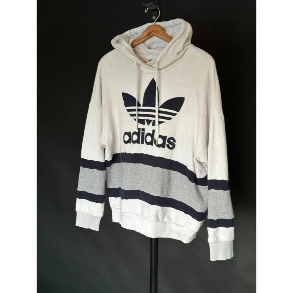 Vintage Adidas Hoodie Made in USA Y2K Thermal Cream Grey Navy‎ Medium 1990s